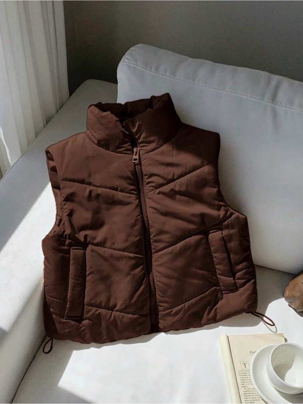 Chocolate Brown Cropped Puffer Vest Jacket - XL Autumn, Fall
